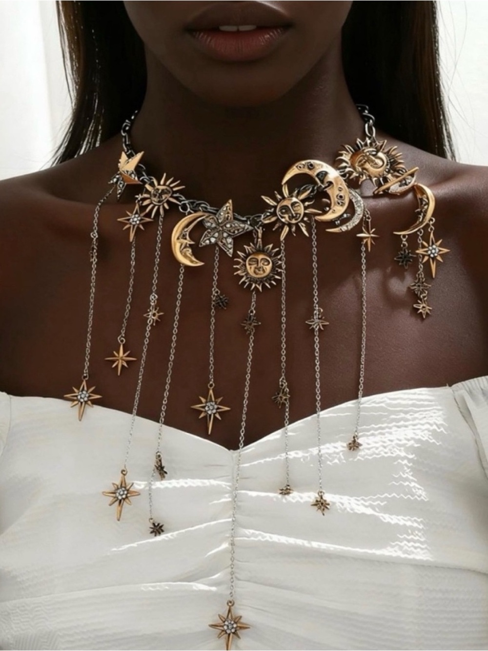Celestial Sun & Moon Statement Necklace - Gold and Silver